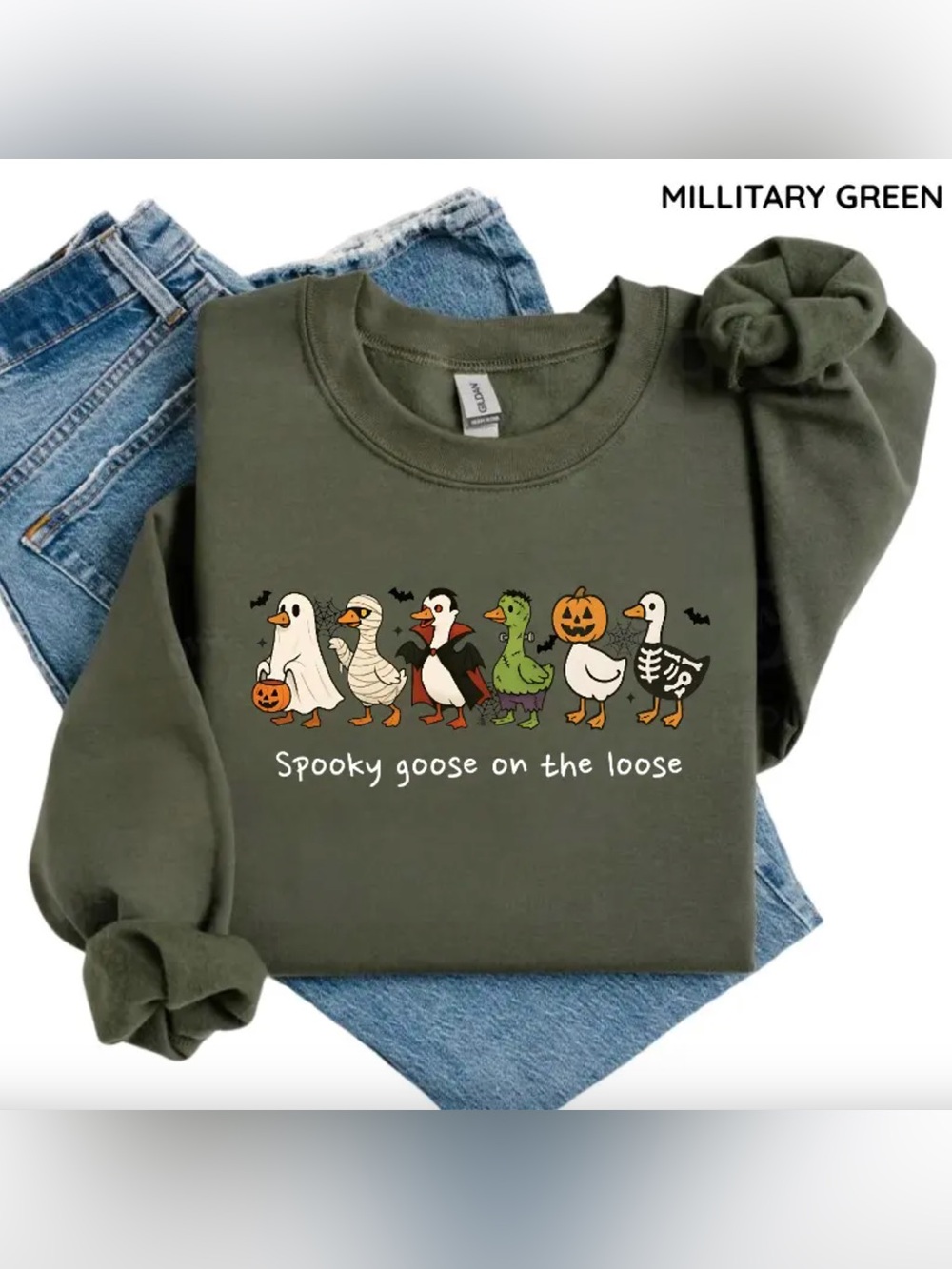 Military Green Halloween Goose Graphic Sweatshirt - Spooky Goose